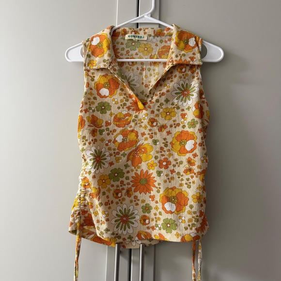 Kontrol Floral Sleeveless Top Collared V-Neck Side Cinch Orange Green Retro 70's - Picture 9 of 10